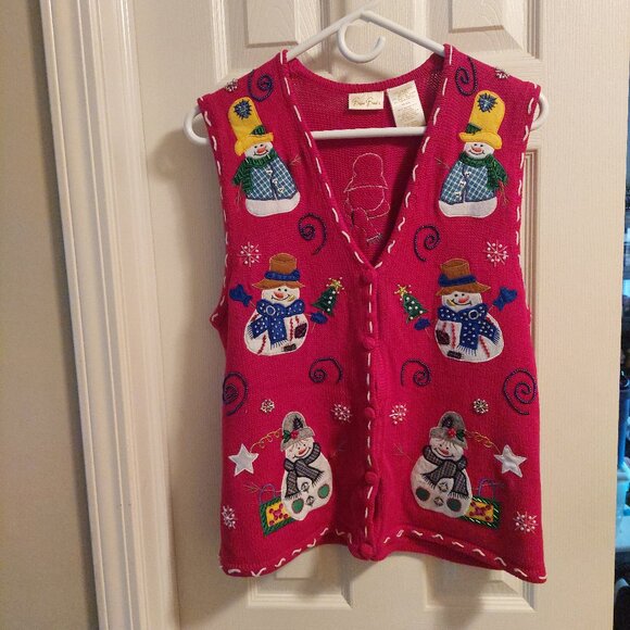 Vintage Bobbie Brooks Ugly Christmas Sweater Vest Red Beaded Snowman Sz Medium - Picture 1 of 7